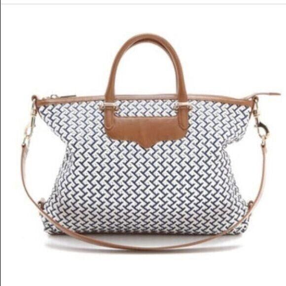 Rebecca Minkoff Womens Handbag Leather Woven Purse Shoulder Bag Blue White - Picture 1 of 16